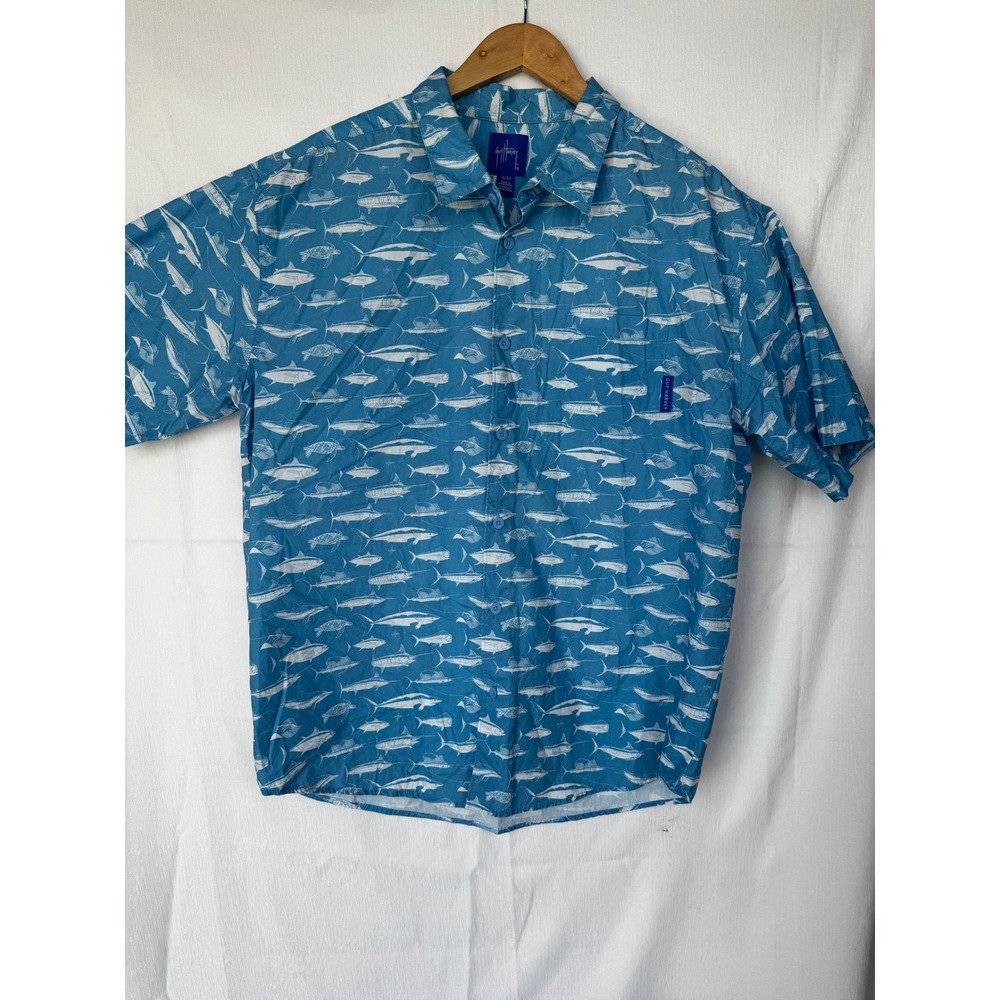 Guy Harvey Mens XL Blue White Fish Print Short Sleeve Cotton Button Down Shirt